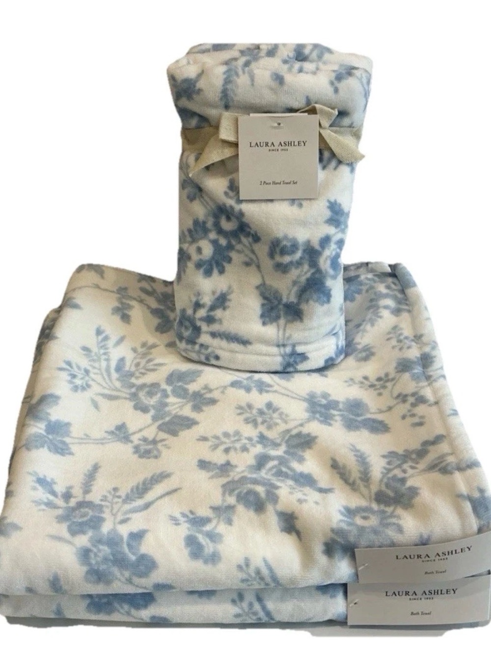 Laura Ashley 4 Pc Set FLORAL TOILE Blue Velour Bath & Hand Towels Set Cottage